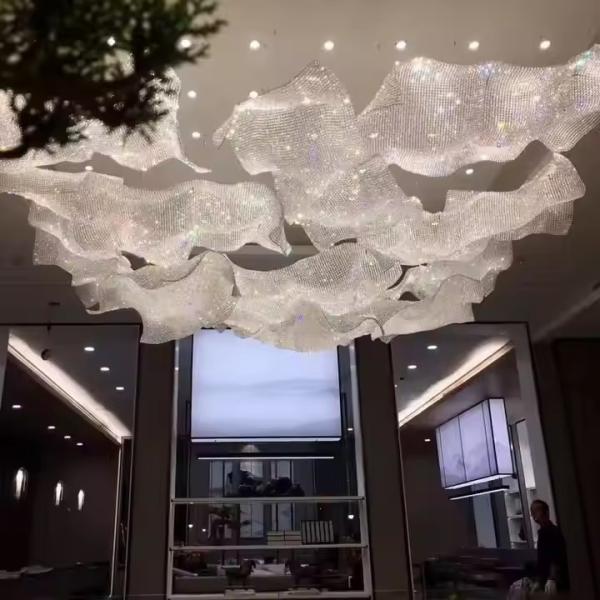 Hand Woven Crystal Cloud Chandelier Custom Crystal Ribbon Lamp Art Deco High Ceiling Chandeliers
