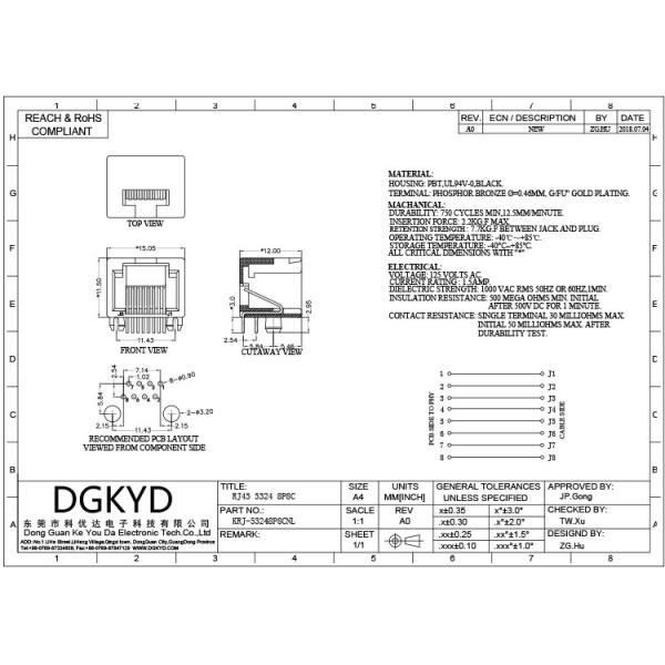 KRJ-53248P8CNL Промышленный класс RJ45 Коннектор Модульный модульный интерфейс Все пластиковые без фильтра 8P8C Единый интерфейс