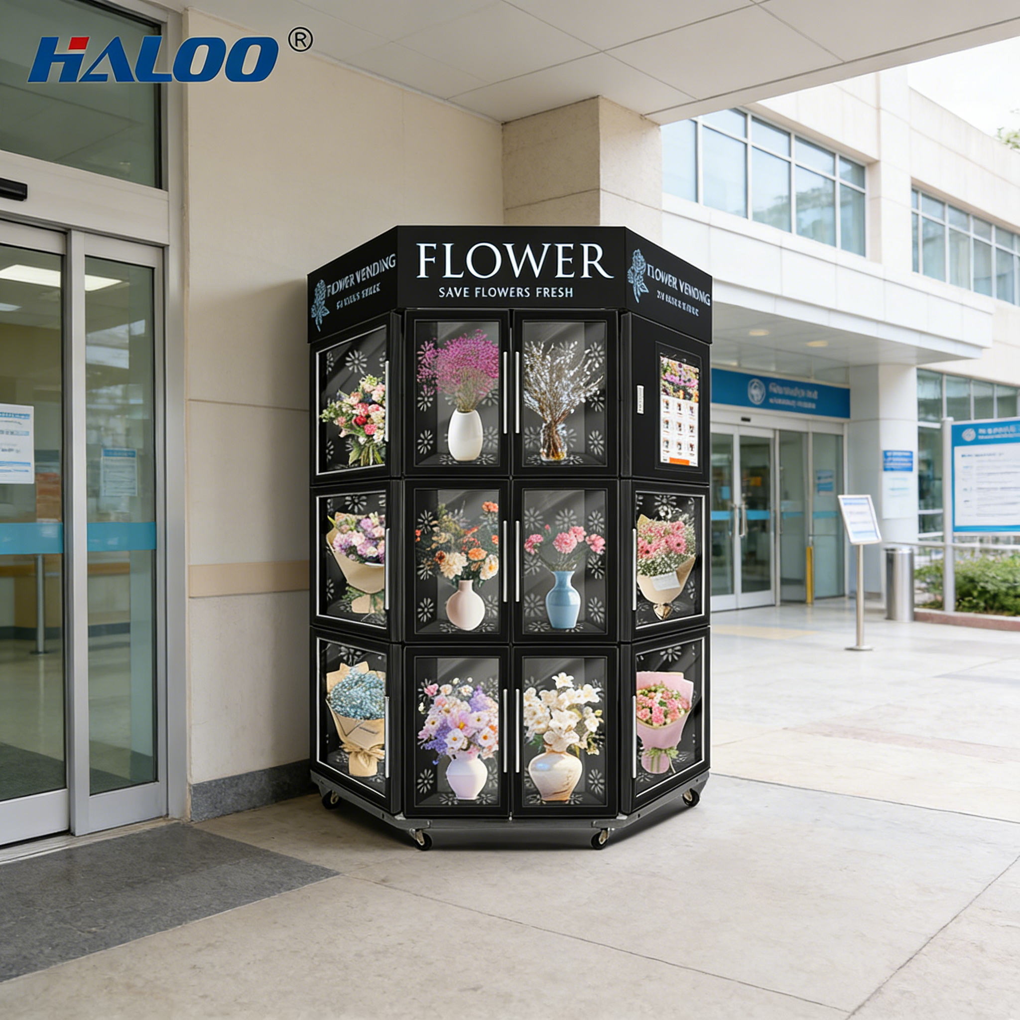 Haloo flower vending machine with SDK function, stainless steel body with cooling and humidification system
