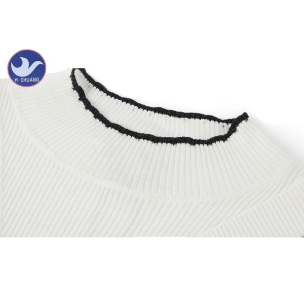 Stand Collar Fake V Neck Womens Knit Pullover Sweater Contrast Color Edge Top