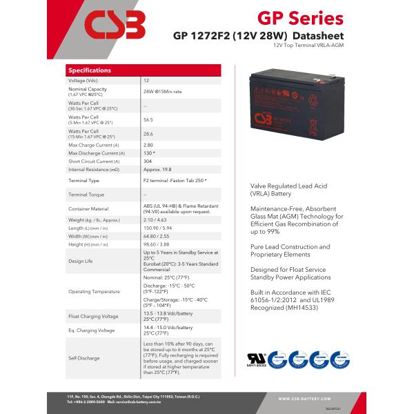 CSB GP1272 F2 12V 28W Maintenance-Free Valve Regulated Lead Acid Battery