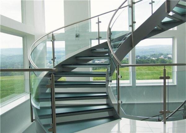 Prima Construction Modern Curved Staircase , Curved Glass Stairs with Round Post Glass Railing