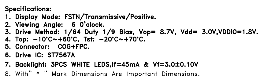 1.2 Inch COG LCD Display with ST7567A Drive IC and FSTN/Transflective/Positive Dot Matrix LCD Module