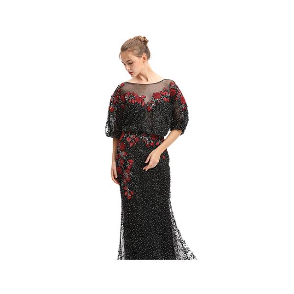 Embroidery Black Beading Half Sleeve Evening Dresses Long Maxi Floor Length