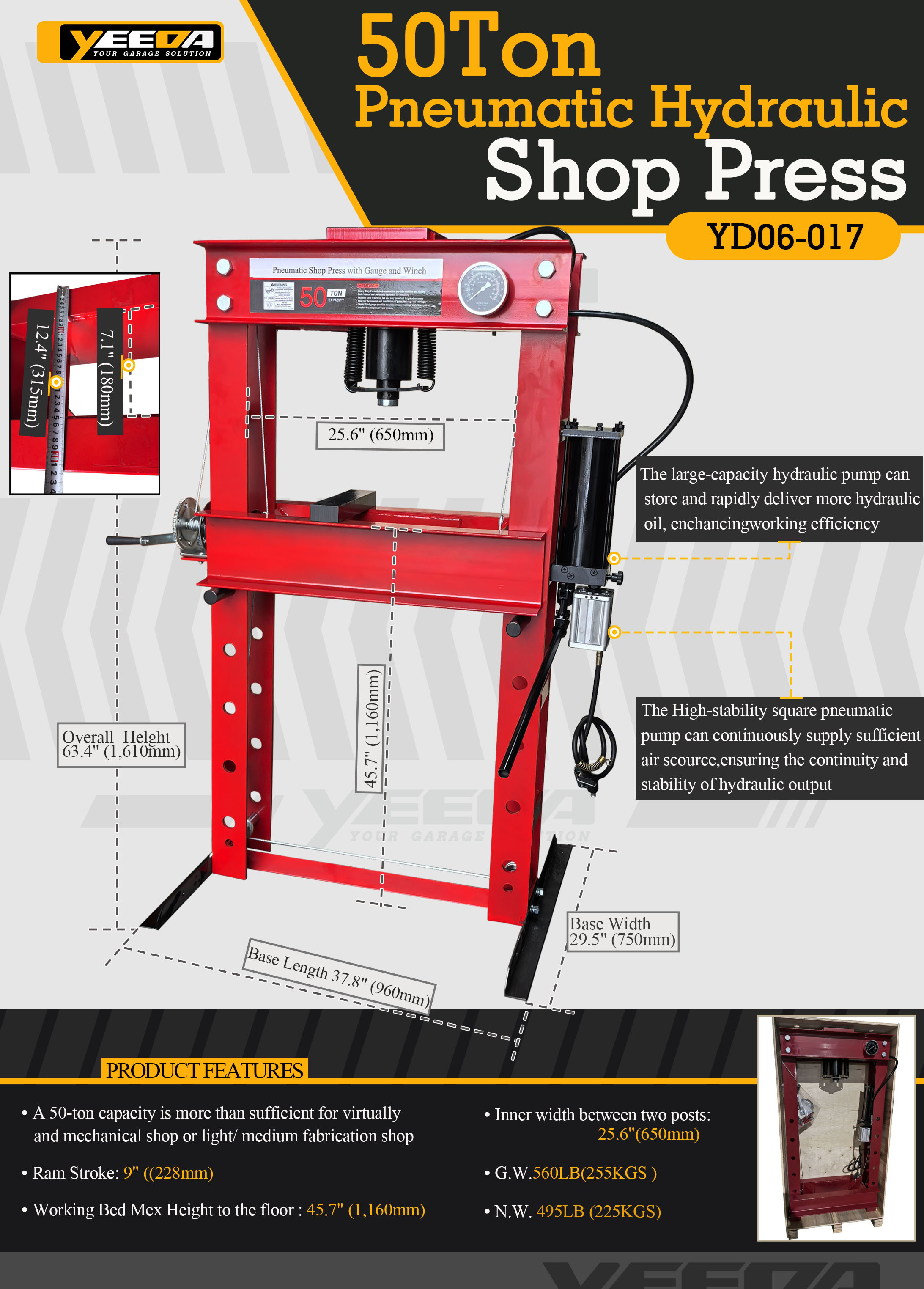 50 Ton Pneumatic Hydraulic Shop Press with Adjustable Working Bed Height for Garage Floor Press