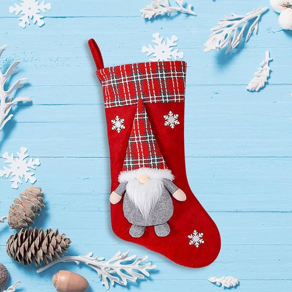 Christmas Stockings New Set 3D Gnomes Santa Christmas Stockings Personalized Soft Classic Red and Grey Fireplace Hanging