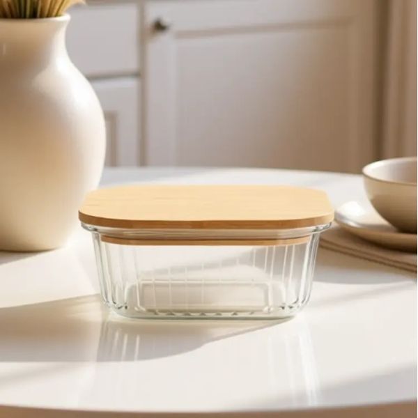 バンブー蓋付きのストライプガラス食品容器