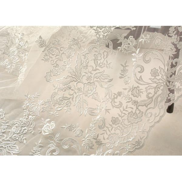 White Tulle Corded Bridal Stretch Lace Fabric , Floral Embroidered Wedding Dress Lace Fabric