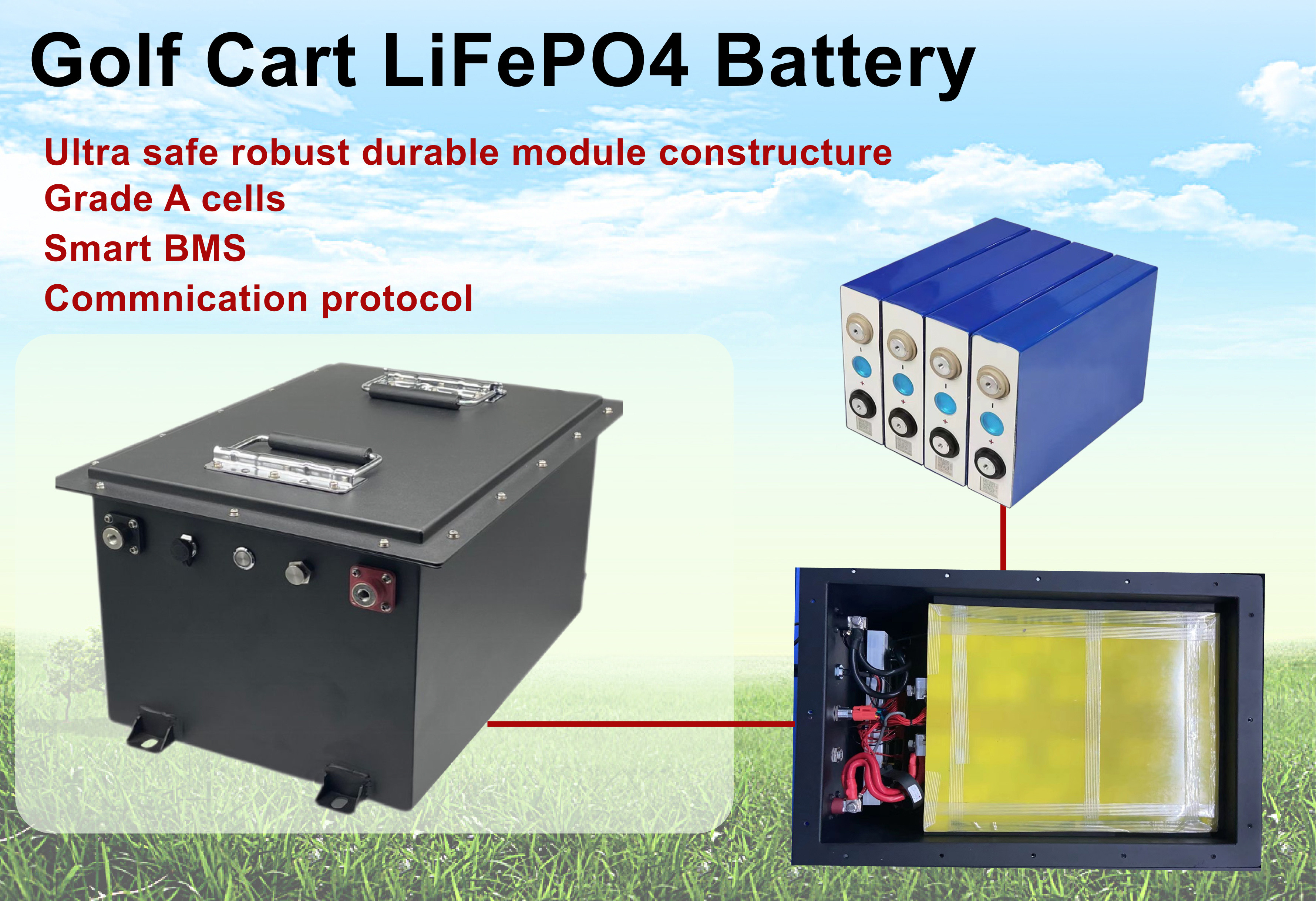 Сильнотоковая батарея 48V 100Ah 200A LiFePO4 тележки гольфа лития с дисплеем LCD