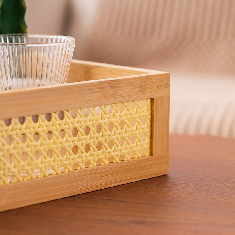 Handmade Modern Trendy Rattan Storage Basket Bamboo Woven Bin with Wooden Frame Handles Rustic Farmhouse Decorative Wicker Box