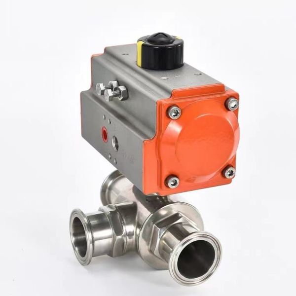 Sanitary Tri Clamp 3 Way Pneumatic Ball Valve SS304 SS316L L/T Port Pneumatic Actuated Three Way Ball Valve