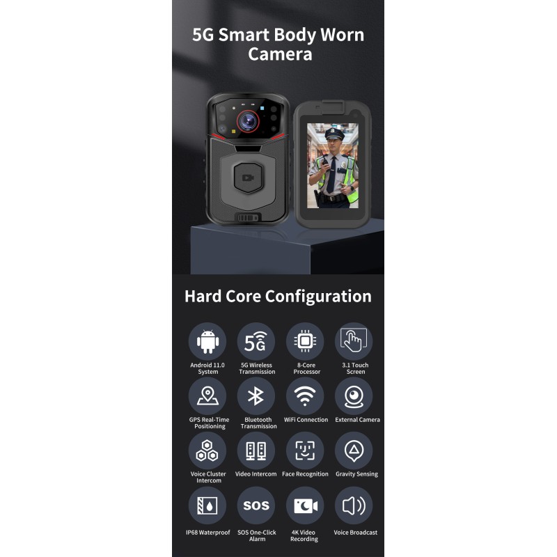 Mini 5G Body Worn Camera Audio and Video Recorder 4K Video 3.1'' Touch Screen IP68 Waterproof Security Camera with Wifi GPS BT