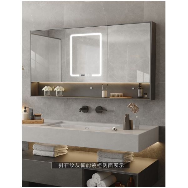 Solid Wood Bathroom Furniture Mirror Cabinet , LED Light Glass Cabinet Mirror