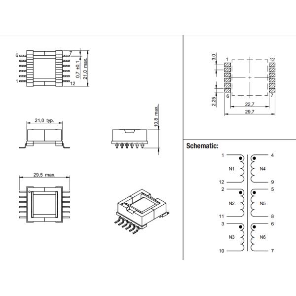 High Frequency Flyback Transformer with 6 Identical Windings and 2500 Vrms Isolation EPC3804G-LF