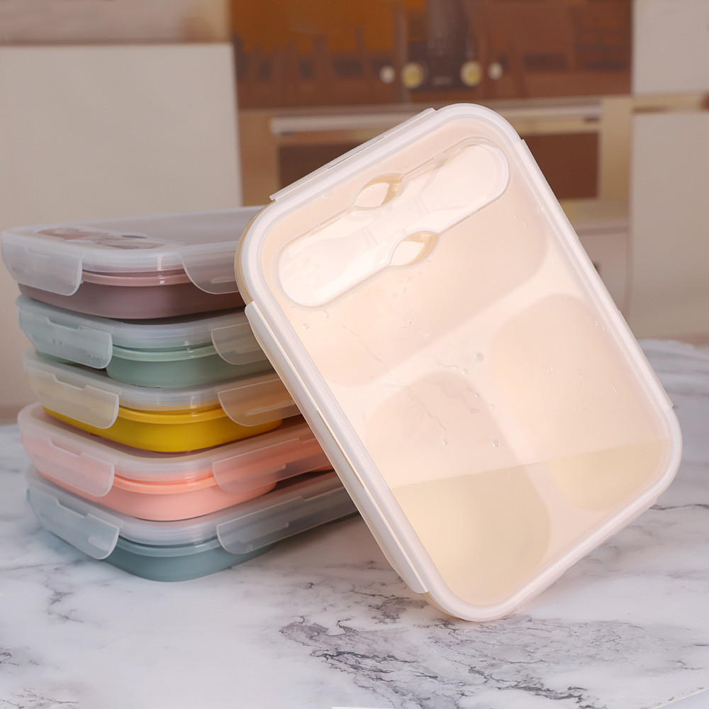 Portable Lunch Box Microwave Safe 3 Compartment Customized Silicone 1000ml for Office