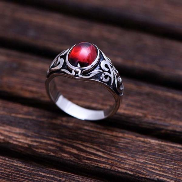 Thai Retro Sterling Silver Oval Created Garnet Ring For Men (013682)