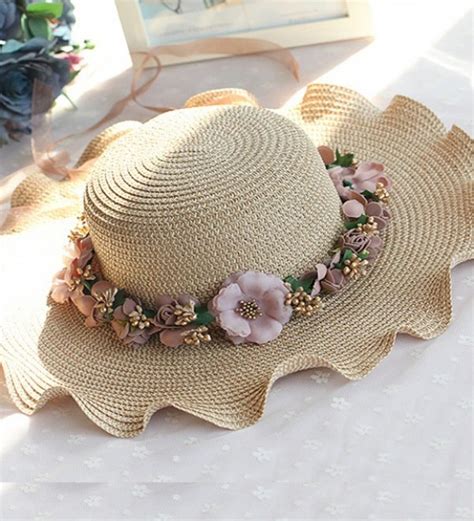 Mixed Color Wide Brim Straw Beach Hat For Summer Nylon Floral Strips Available
