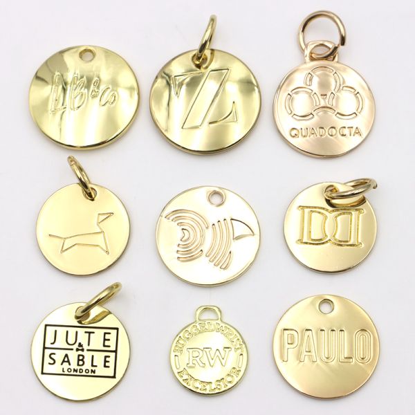 Gold Metal Logo Tag 38mm Custom Logo Name Tags Round With Black Oil Text Bag Charms