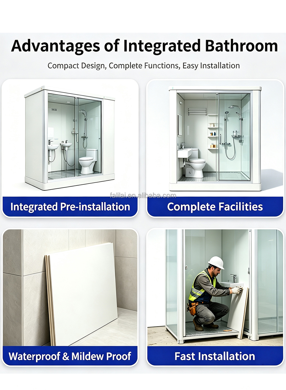 Cheap Modular Square Shower Pod Complete Set with Integrated Bathroom Fast Installation Flat Pack Custom Size Building Use