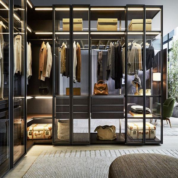 Custom Luxury Modern Design Guarda-roupa com porta de vidro Americana High End Design Quarto Armário Mobiliário Com Luz LED