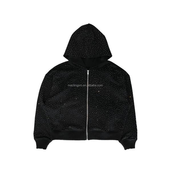 Black Vintage Rhinestone Hoodie Distressed Embroidery Patch 220 Grams Heavyweight Acid Wash