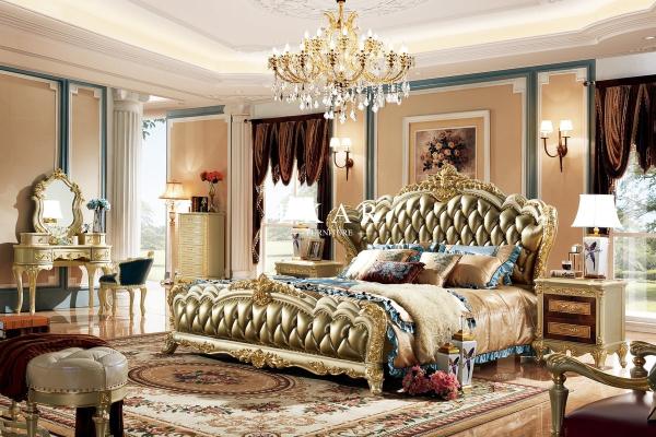 Upholstered Leather Luxury Wood Carving Super King Size Bed
