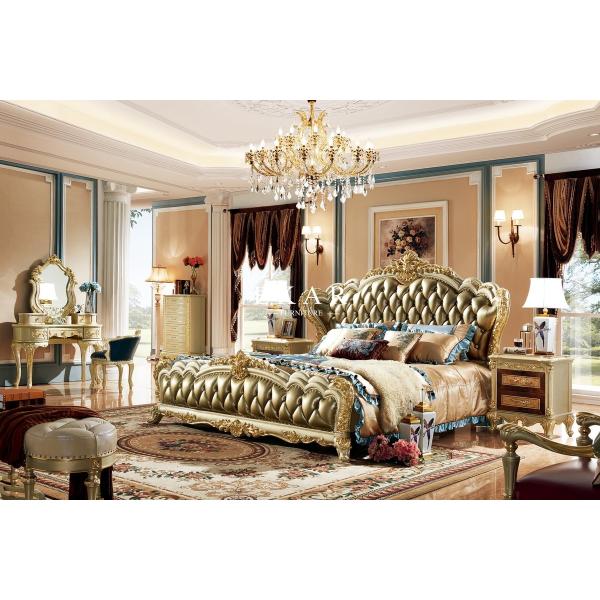 Royal Wooden Carved Design Luxury Leather Headboard King Size Bed LF-029