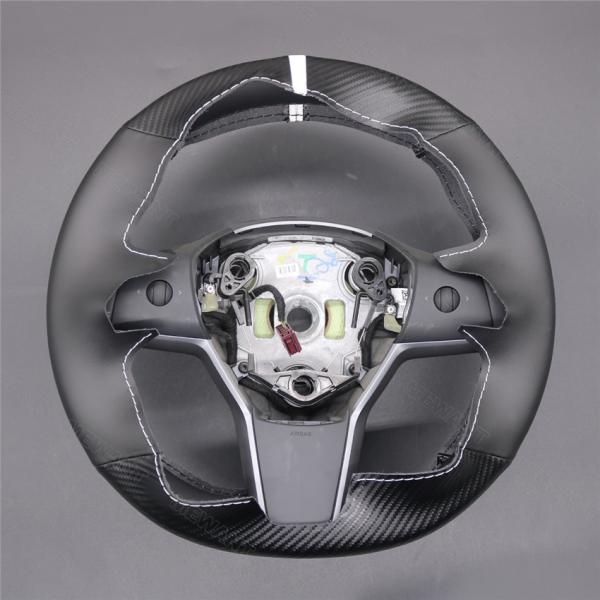 Custom Hand Stitching Black PU Leather Matt Carbon Steering Wheel Cover for Tesla Model 3 Model Y