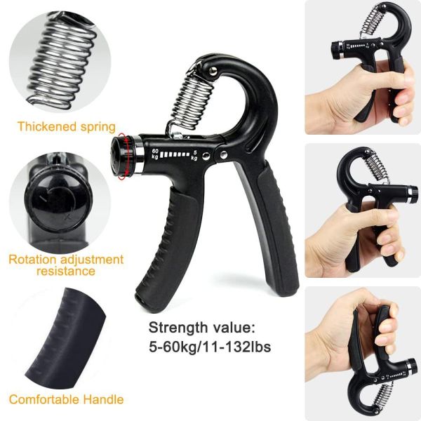 Hand Grip Strengthener Kit 5 Pack Black Adjustable Grip Trainer Finger Exerciser Grip Ring And Stress Ball For Hand Wrist And Forearm Training