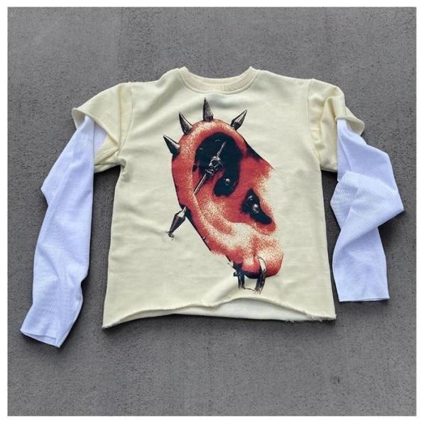 Impressão Gráfica Acid Stone Wash Vintage Double Layer Long Sleeve T-Shirt para Homens