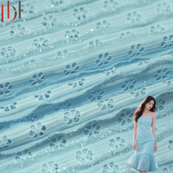 95% Polyester 5% Spandex Jacquard Fabric Customized For Blue Flower Sequin Dress