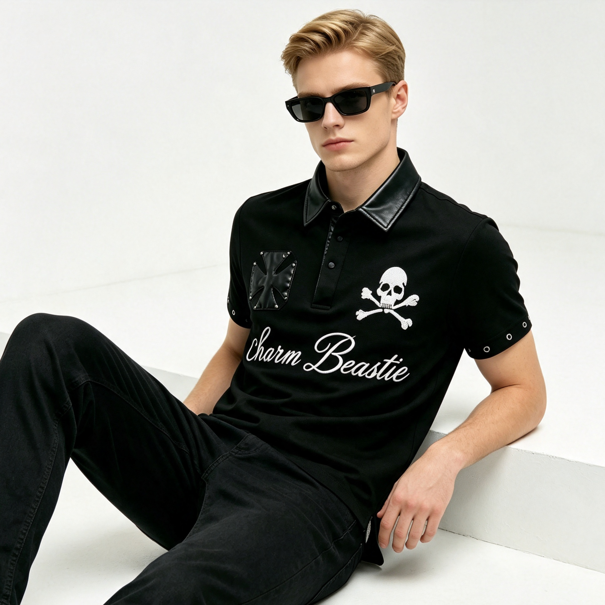 Gothic Skull Embroidery Polo Shirt, Faux Leather Collar Rivet Cross Patch Punk Short Sleeve Top for Men