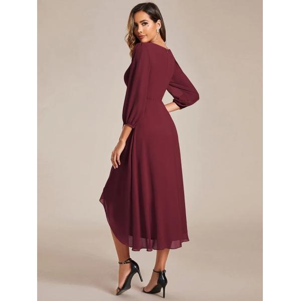 Elegant Empire Long Sleeve V-neck High Low A-line Ruffled Midi Burgundy Chiffon Wedding Guest Cocktail Dress