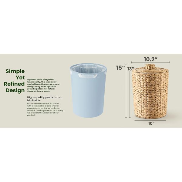 Wicker Waste Basket - Water Hyacinth Bathroom Garbage Can With A Lid - Bathroom Trash Can Boho Style - Wicker Trash Can With Lid For Household, Kitchen - Removable Liner, Iron Frame