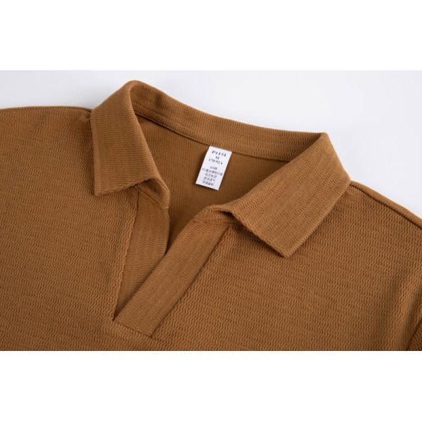 Cotton-Rich Textured Waffle Knit Long Sleeve Polo Shirt in Caramel Brown with V-Neck Placket