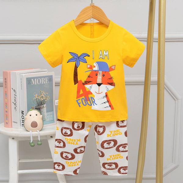 Yellow Cartoon Animal 100 Cotton Pyjamas Childrens Short Sleeve Suit Round Neck