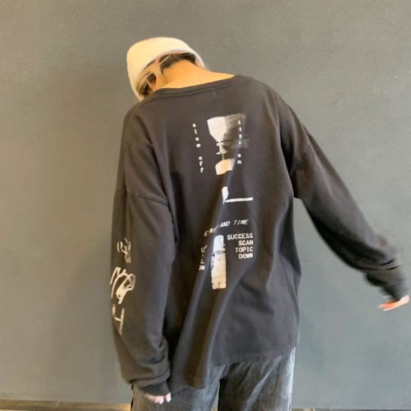 Wash Black Men's Women's Oversized Knitted Vintage Printed T-shirt 100% Cotton Long Sleeve Breathable Digital Print Retro Couple