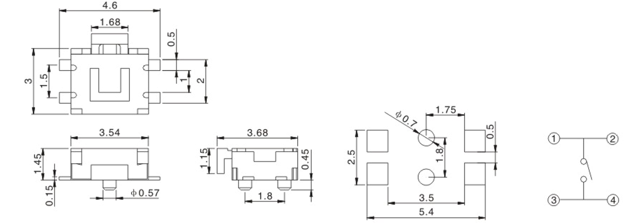 Небольшой Pin переключателя кнопки 4 тактичности прессы 3.5x3.8mm SMD стороны черепахи