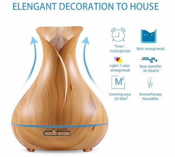 Wood Grain Essential Oil Diffuser 400ml Ultrasonic Air Humidifier with 7Color Changing LED Lights