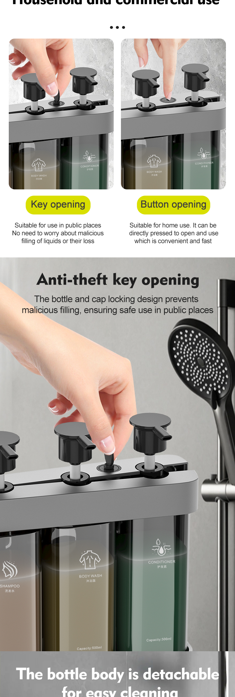 Wall Mounted Triple Pump Manual Soap Dispenser with Key Lock for Hotel Bathroom