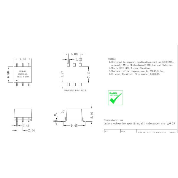 LP40601ANL 10/100 BASE-T 24 Pin Single Port Lan Transformer Modules