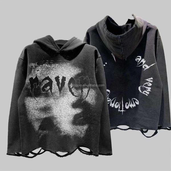 Dtg Pullover Hoodie Acid Wash Distressed Ripped Raw Hem Crop Hoodie Men Needle Detection Fabric 500grams