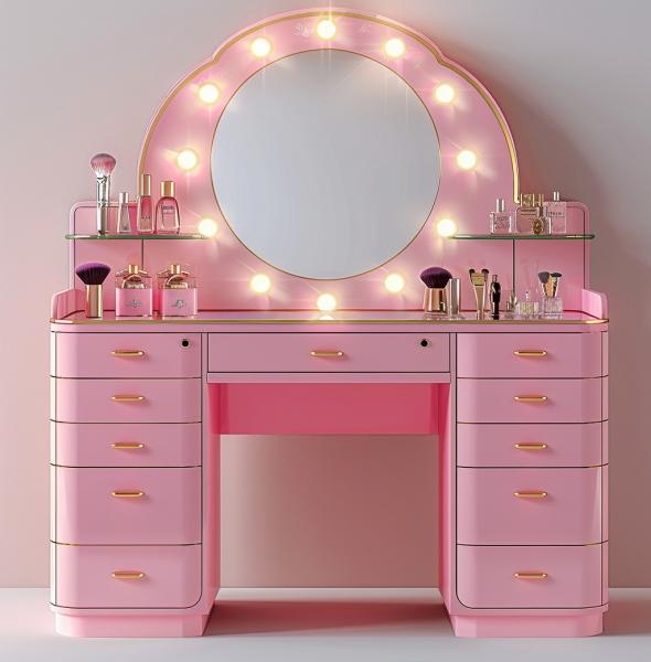 Bedroom Makeup Sets LED Lighted Mirror Vanity Table With Drawers And Storage Shelves Adjustable In Pink