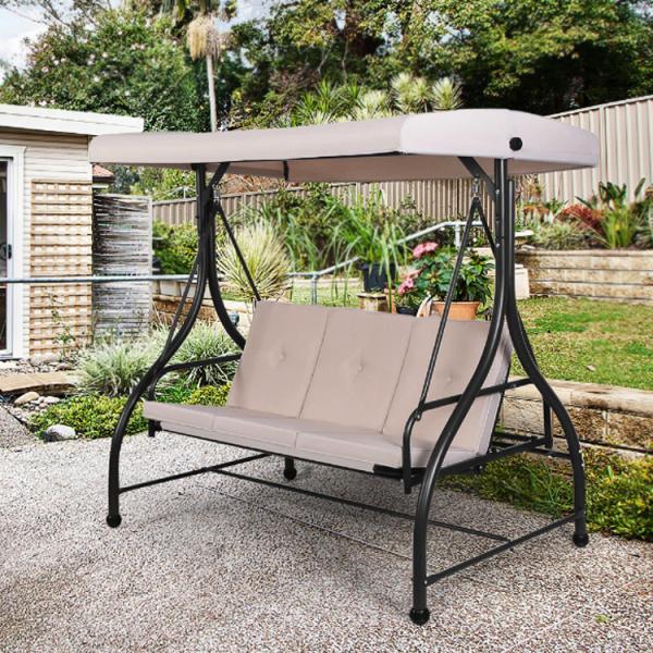 Outdoor Garden 3 Seats Swing Chair with Canopy and Adjustable Folding Steel Lounger Bed