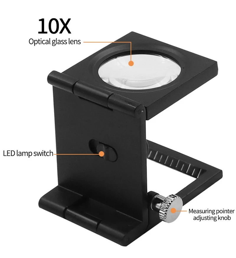 LED Lighting 10X Metal Folding Magnifier Foldable Desktop Textile Linen Tester with Metric Scale Product Type Magnifiers