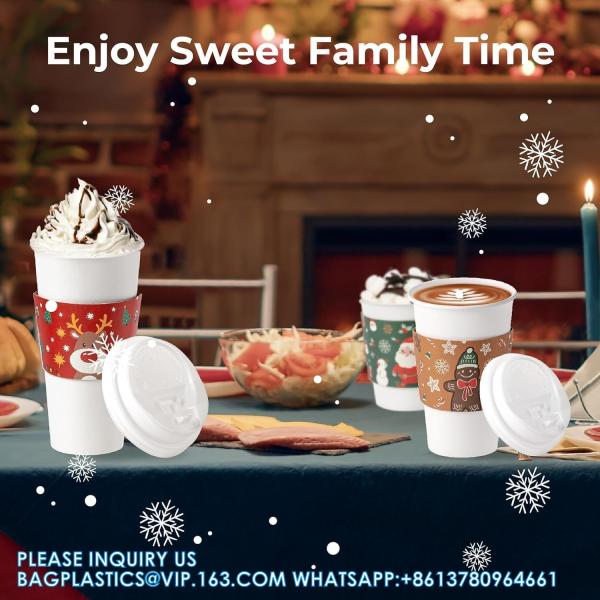Christmas Paper Coffee Cups With Sleeves Lids 12 Oz Xmas Disposable Party Cup Christmas Tree Hot Cocoa Cups