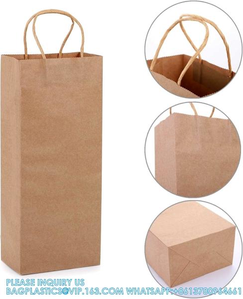 Kraft Paper Bags, 5.4X3.3X13 Recyclable Brown Wine Bags Paper Gift Bags Retail Bags Shipping Bags With Handles Bulk