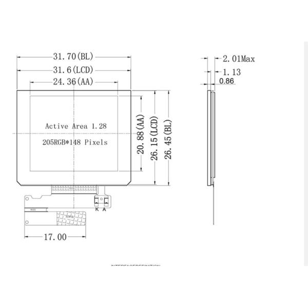 Трансфлективный 1,28 дюймовый светосчитываемый TFT, 205x148 24 штифтов RGB 6 бит интерфейс, ЖК-дисплей