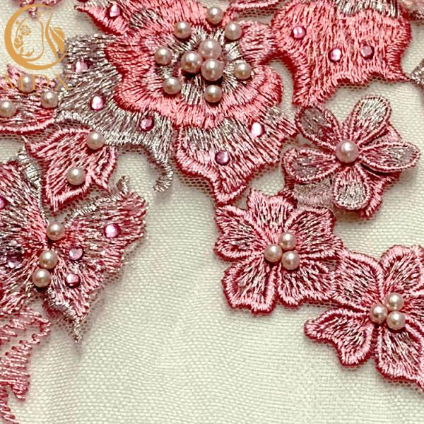 French Tulle Net Lace Fabric Pink 3D Flowers Embroidery For Party Dress