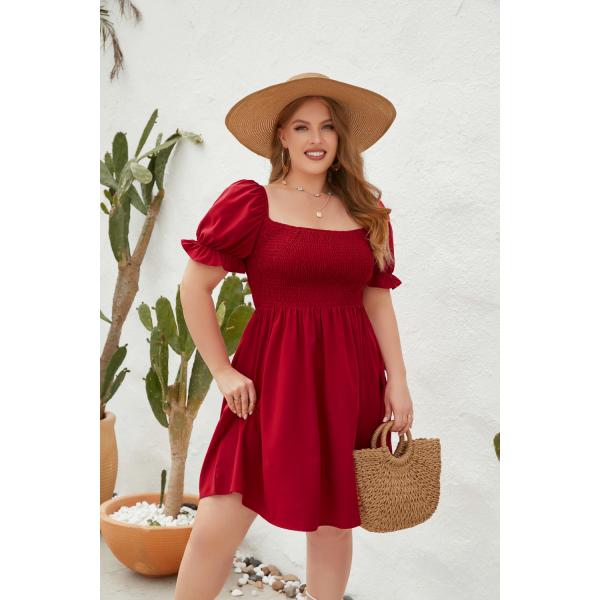                  Large Size Women&prime;s Large Size Solid Color Leisure Holiday Dress Travel Square Collar Play Wrap Bubble Sleeve Dress             